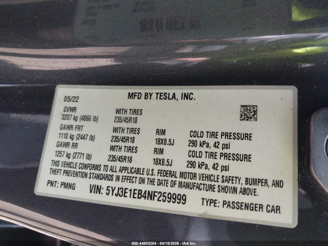 Aukcja sprzedaży 2022 Tesla Model 3 Long Range Dual Motor All-wheel Drive, vin: 5YJ3E1EB4NF259999, numer aukcji: 44803284