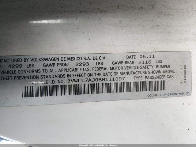 Продаж на аукціоні авто 2011 Volkswagen Jetta 2.0l Tdi, vin: 3VWLL7AJ0BM111097, номер лоту: 44803287