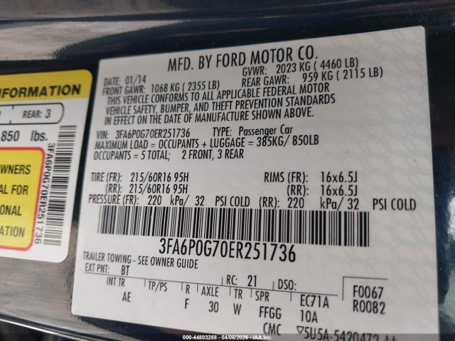 Ford FUSION S 2014 3FA6P0G70ER251736 Image 9