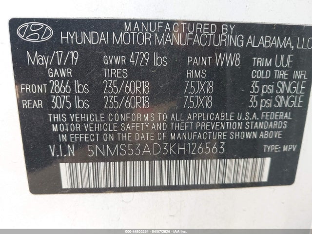 44803291 :رقم المزاد ، 5NMS53AD3KH126563 vin ، 2019 Hyundai Santa Fe Ultimate مزاد بيع