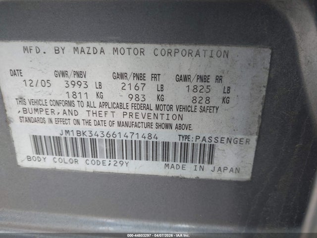 2006 Mazda Mazda3 მანქანა იყიდება აუქციონზე, vin: JM1BK343661471484, აუქციონის ნომერი: 44803297