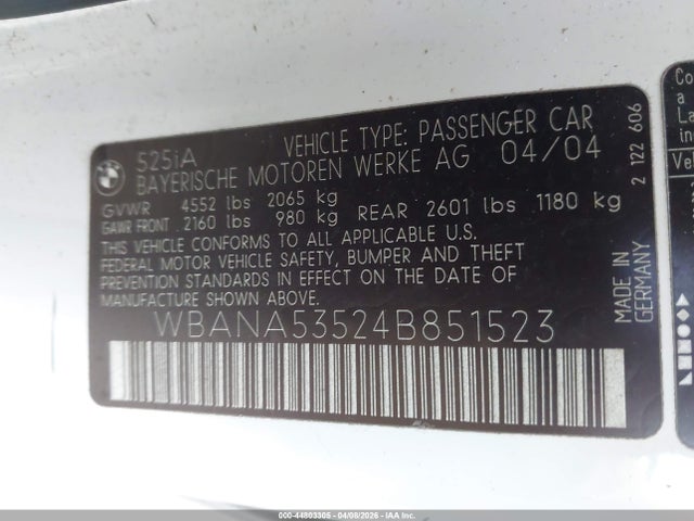 Aukcja sprzedaży 2004 Bmw 525i, vin: WBANA53524B851523, numer aukcji: 44803305