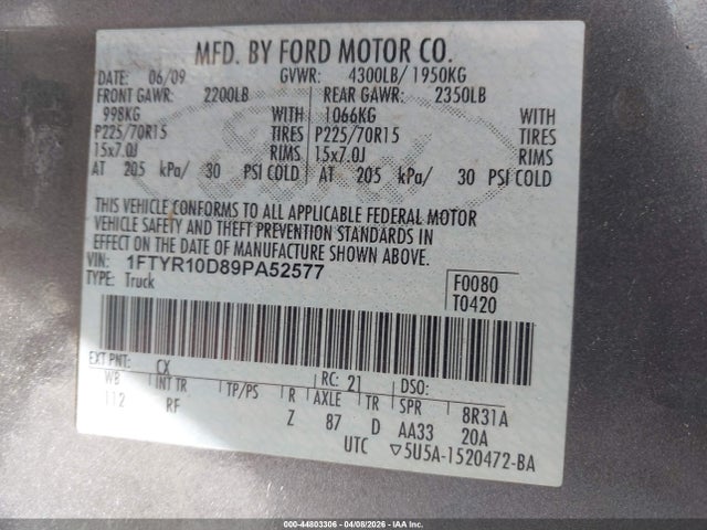 Продаж на аукціоні авто 2009 Ford Ranger Sport/xl/xlt, vin: 1FTYR10D89PA52577, номер лоту: 44803306