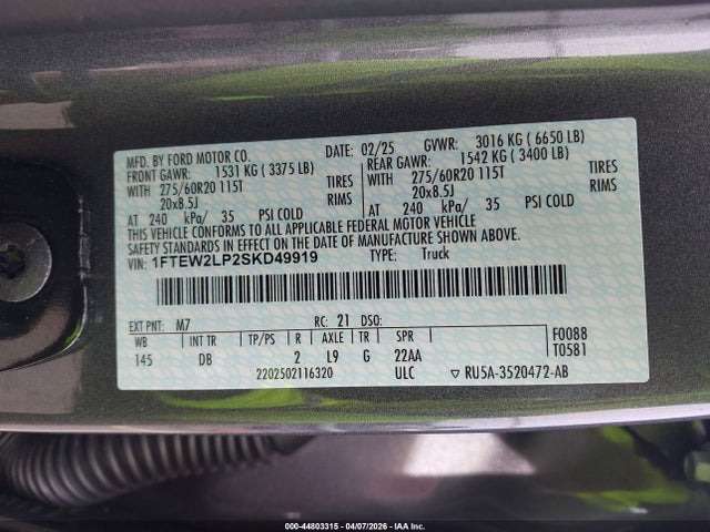 Продажа на аукционе авто 2025 Ford F-150 Stx, vin: 1FTEW2LP2SKD49919, номер лота: 44803315
