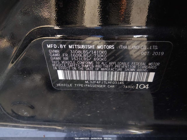 44803323 :رقم المزاد ، ML32F4FJ7LHF03146 vin ، 2020 Mitsubishi Mirage G4 Le مزاد بيع