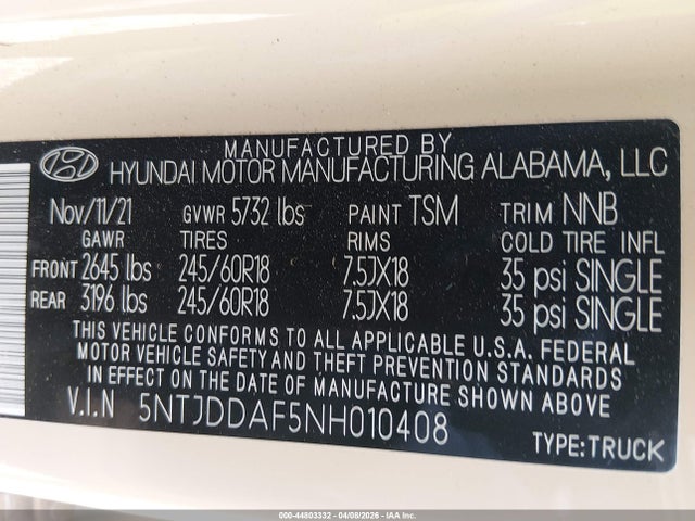 5NTJDDAF5NH010408 Hyundai Santa Cruz Sel Premium