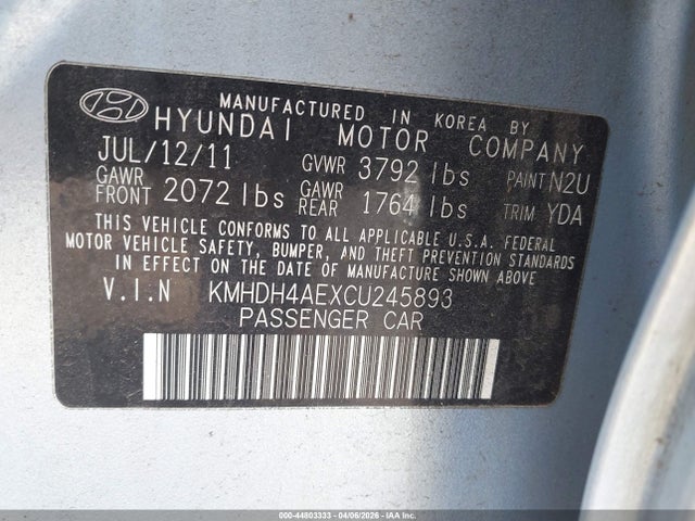 Aukcja sprzedaży 2012 Hyundai Elantra Gls (ulsan Plant), vin: KMHDH4AEXCU245893, numer aukcji: 44803333