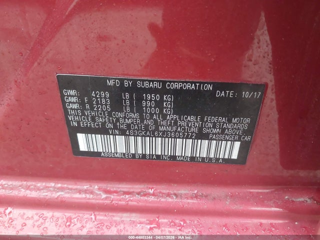 44803344 :رقم المزاد ، 4S3GKAL6XJ3605772 vin ، 2018 Subaru Impreza 2.0i Sport مزاد بيع
