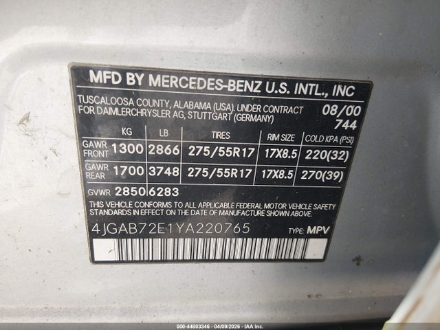2000 Mercedes-benz Ml 430 მანქანა იყიდება აუქციონზე, vin: 4JGAB72E1YA220765, აუქციონის ნომერი: 44803346