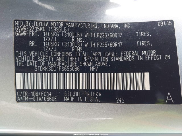 2015 TOYOTA SIENNA 5TDKK3DC1FS655086 Photo 8