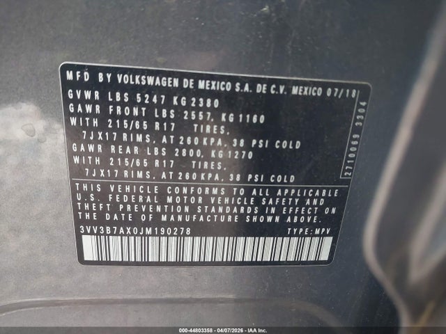 Aukcja sprzedaży 2018 Volkswagen Tiguan 2.0t Se/2.0t Sel, vin: 3VV3B7AX0JM190278, numer aukcji: 44803358