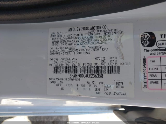 Продаж на аукціоні авто 2012 Ford Fusion Sport, vin: 3FAHP0KC4CR236358, номер лоту: 44803368