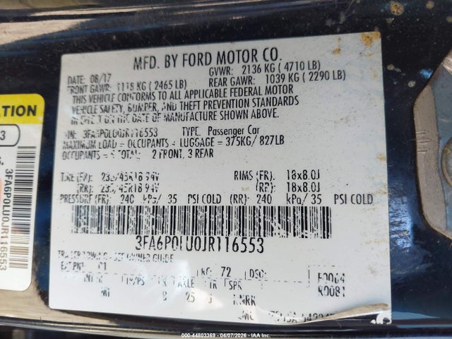 Aukcja sprzedaży 2018 Ford Fusion Hybrid Se, vin: 3FA6P0LU0JR116553, numer aukcji: 44803369