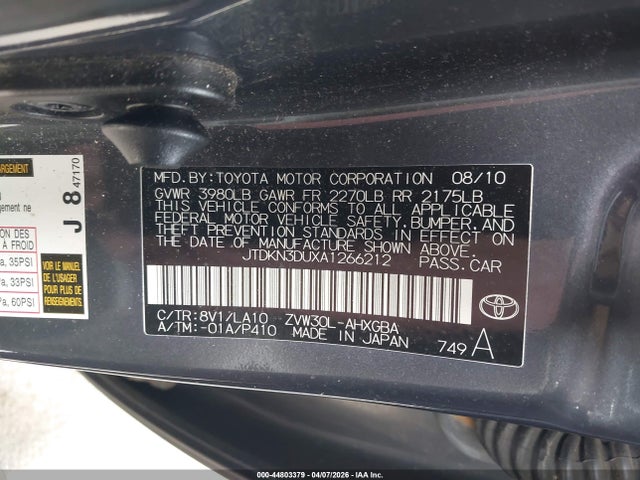 Aukcja sprzedaży 2010 Toyota Prius Iv, vin: JTDKN3DUXA1266212, numer aukcji: 44803379