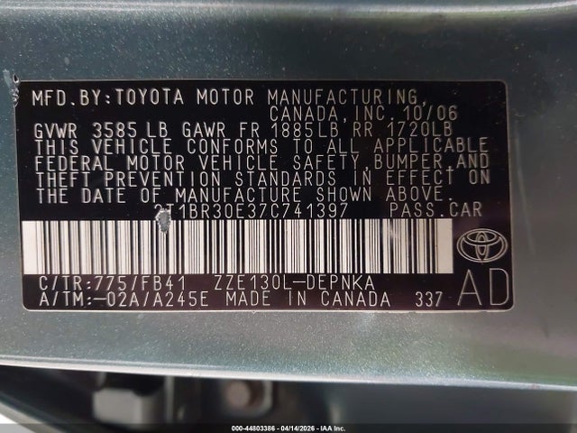 2007 TOYOTA COROLLA 2T1BR30E37C741397 Photo 8