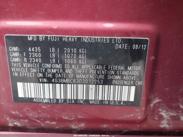 2013 Subaru Legacy 2.5i Premium მანქანა იყიდება აუქციონზე, vin: 4S3BMBC63D3012253, აუქციონის ნომერი: 44803398
