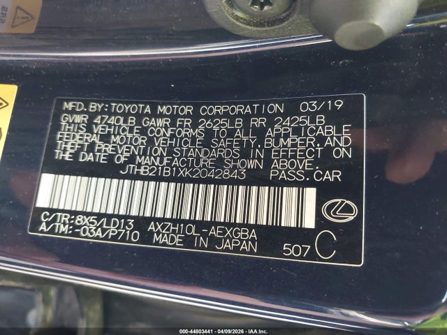Aukcja sprzedaży 2019 Lexus Es 300h, vin: JTHB21B1XK2042843, numer aukcji: 44803441