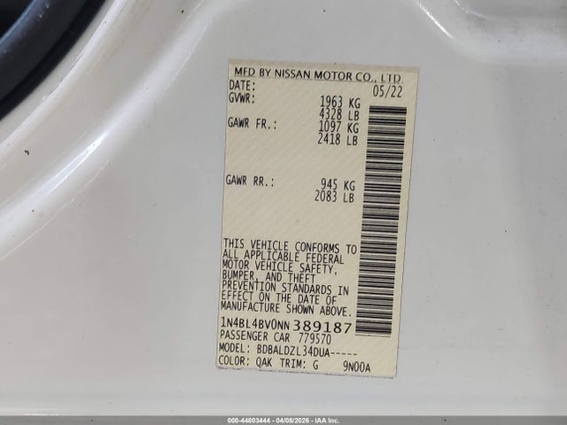 Продаж на аукціоні авто 2022 Nissan Altima S Fwd, vin: 1N4BL4BV0NN389187, номер лоту: 44803444