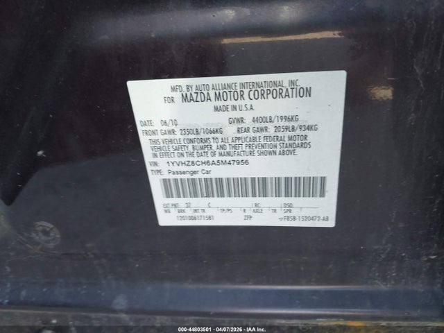 44803501 :رقم المزاد ، 1YVHZ8CH6A5M47956 vin ، 2010 Mazda Mazda6 I Touring مزاد بيع