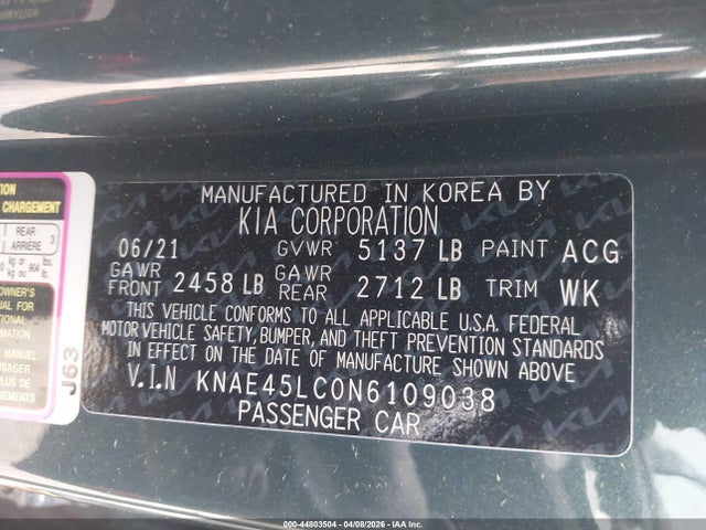 Aukcja sprzedaży 2022 Kia Stinger Gt1, vin: KNAE45LC0N6109038, numer aukcji: 44803504