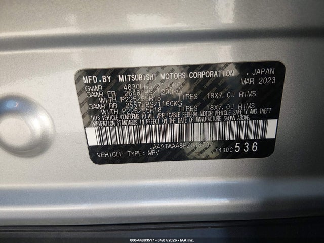 44803517 :رقم المزاد ، JA4ATWAA8PZ048707 vin ، 2023 Mitsubishi Eclipse Cross Se S-awc مزاد بيع