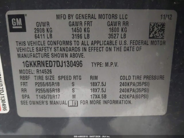 44803518 :رقم المزاد ، 1GKKRNED7DJ130496 vin ، 2013 Gmc Acadia Sle-1 مزاد بيع
