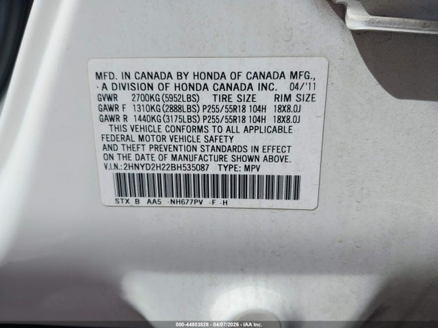 44803528 :رقم المزاد ، 2HNYD2H22BH535087 vin ، 2011 Acura Mdx مزاد بيع