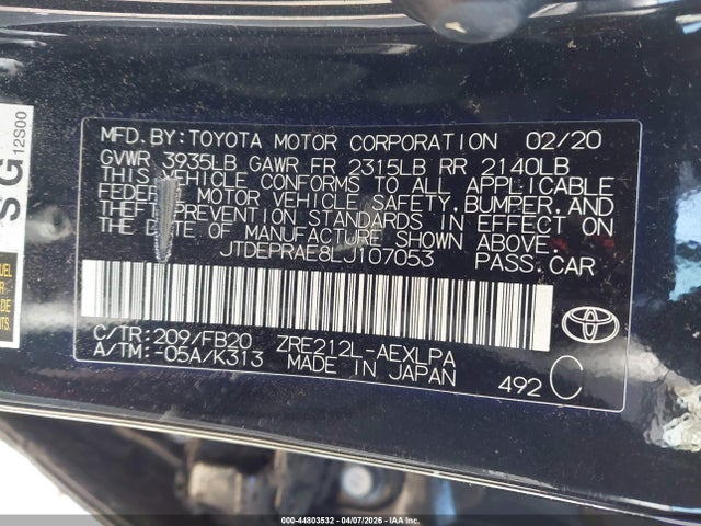 2020 Toyota Corolla Le მანქანა იყიდება აუქციონზე, vin: JTDEPRAE8LJ107053, აუქციონის ნომერი: 44803532