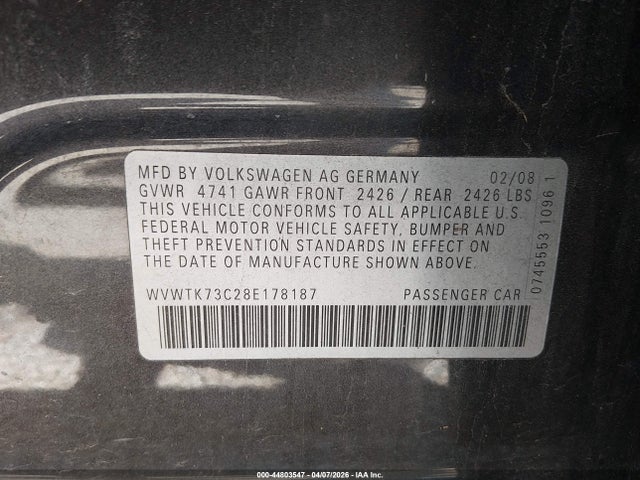 Продаж на аукціоні авто 2008 Volkswagen Passat Lux, vin: WVWTK73C28E178187, номер лоту: 44803547