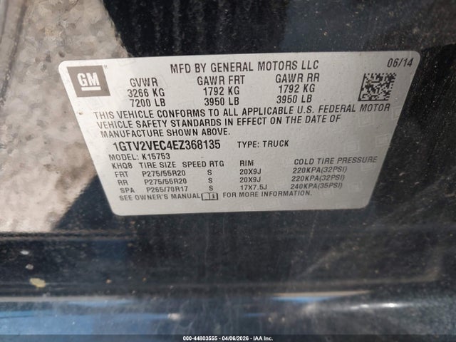 Продажа на аукционе авто 2014 Gmc Sierra 1500 Slt, vin: 1GTV2VEC4EZ368135, номер лота: 44803555