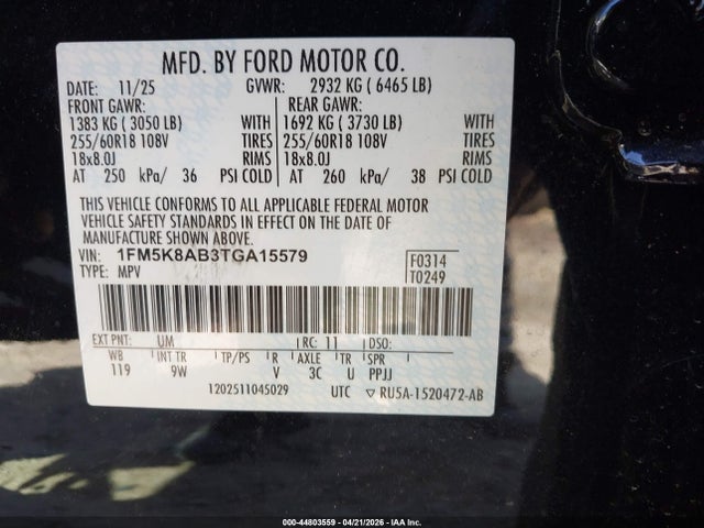 44803559 :رقم المزاد ، 1FM5K8AB3TGA15579 vin ، 2026 Ford Police Interceptor Utility مزاد بيع