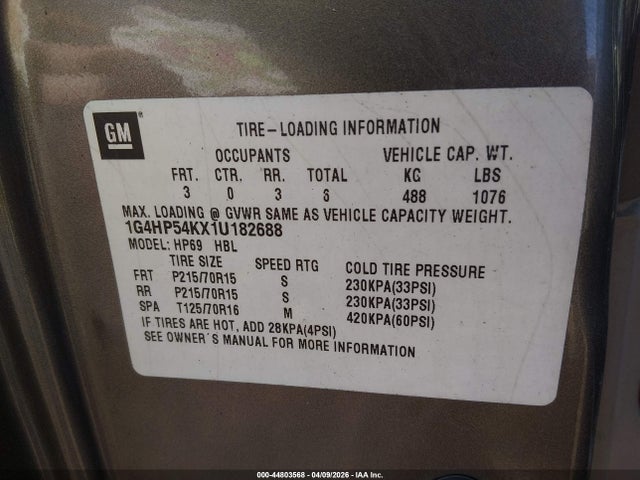 44803568 :رقم المزاد ، 1G4HP54KX1U182688 vin ، 2001 Buick Lesabre Custom مزاد بيع