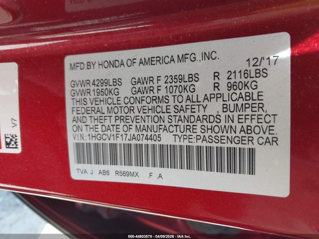 Honda ACCORD LX 2018 1HGCV1F17JA074405 Image 9