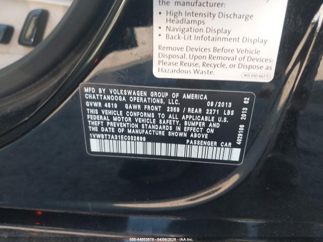 Продаж на аукціоні авто 2014 Volkswagen Passat 1.8t Se, vin: 1VWBT7A31EC032699, номер лоту: 44803578