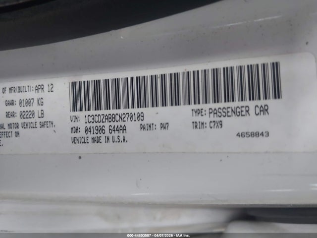 Aukcja sprzedaży 2012 Dodge Avenger Se, vin: 1C3CDZAB8CN270109, numer aukcji: 44803587