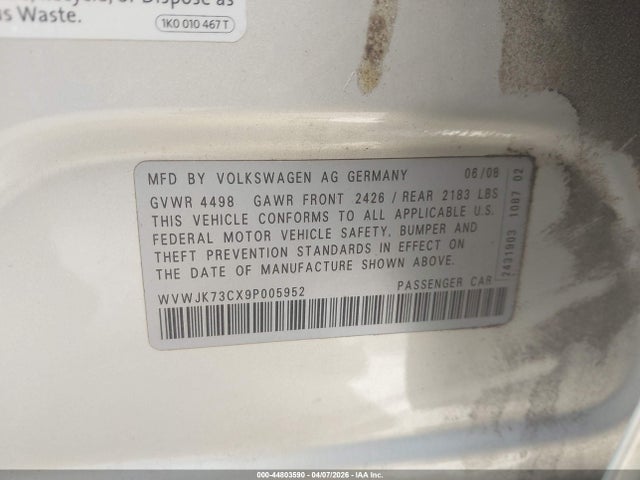 44803590 :رقم المزاد ، WVWJK73CX9P005952 vin ، 2009 Volkswagen Passat Komfort مزاد بيع