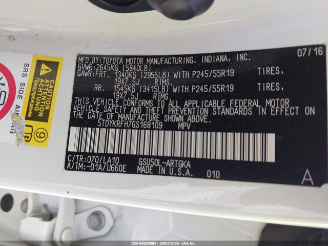 5TDYKRFH7GS168109 Toyota Highlander Limited V6