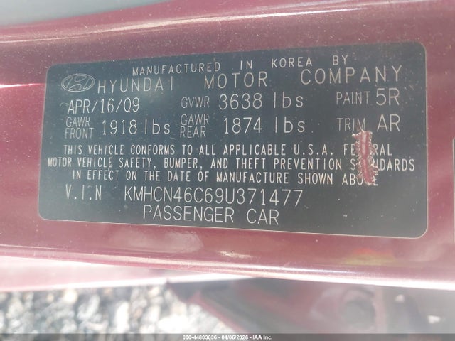 Продажа на аукционе авто 2009 Hyundai Accent Gls, vin: KMHCN46C69U371477, номер лота: 44803636