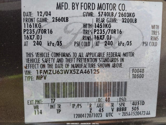 44803637 :رقم المزاد ، 1FMZU63WX5ZA46125 vin ، 2005 Ford Explorer Xlt/xlt Sport مزاد بيع