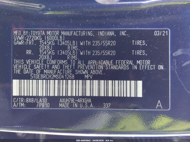 5TDEBRCH2MS041268 Toyota Highlander Hybrid Platinum