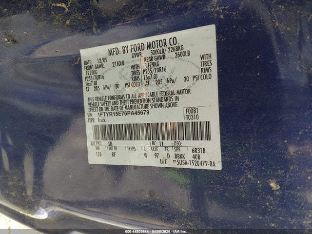 Продажа на аукционе авто 2006 Ford Ranger Fx4 Off-road/sport/xl/xlt, vin: 1FTYR15E76PA45679, номер лота: 44803644