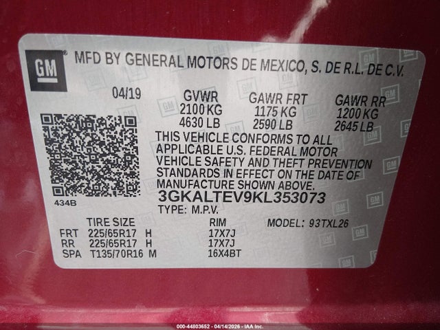44803652 :رقم المزاد ، 3GKALTEV9KL353073 vin ، 2019 Gmc Terrain Sle مزاد بيع