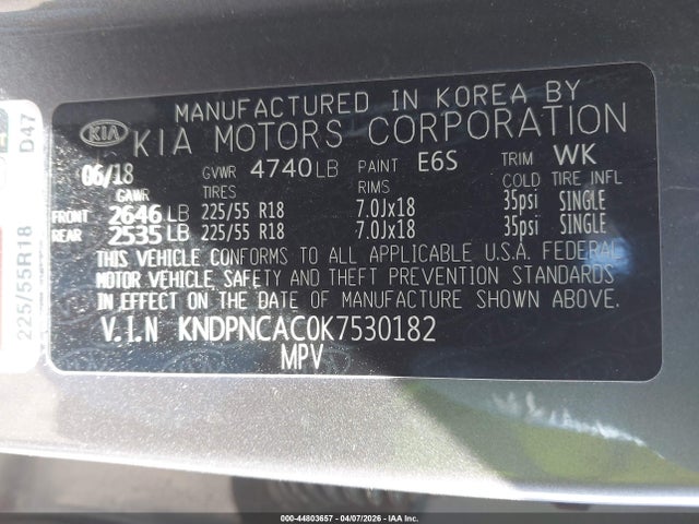 Aukcja sprzedaży 2019 Kia Sportage Ex, vin: KNDPNCAC0K7530182, numer aukcji: 44803657