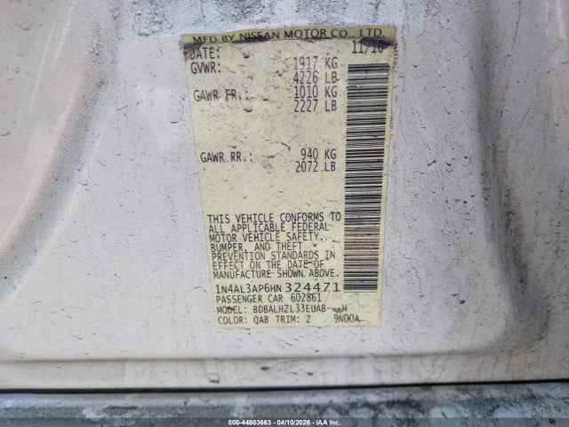 2017 Nissan Altima 2.5 Sr მანქანა იყიდება აუქციონზე, vin: 1N4AL3AP6HN324471, აუქციონის ნომერი: 44803663