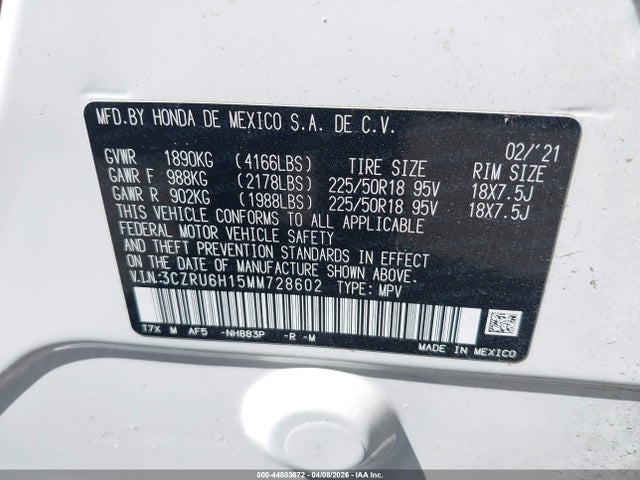 Aukcja sprzedaży 2021 Honda Hr-v Awd Sport, vin: 3CZRU6H15MM728602, numer aukcji: 44803672