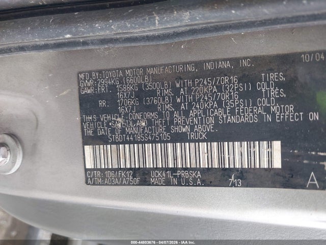 2005 Toyota Tundra Sr5 V8 მანქანა იყიდება აუქციონზე, vin: 5TBDT44185S475105, აუქციონის ნომერი: 44803676