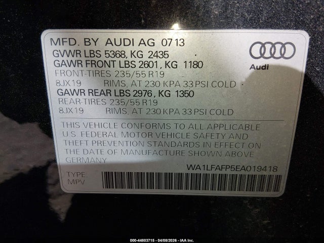 2014 Audi Q5 2.0t Premium მანქანა იყიდება აუქციონზე, vin: WA1LFAFP5EA019418, აუქციონის ნომერი: 44803715