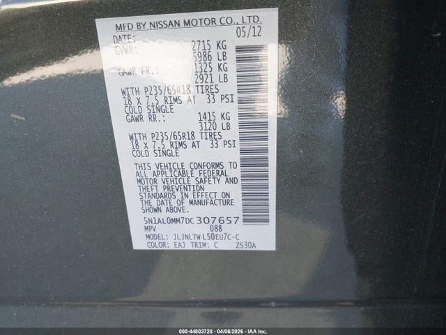 44803728 :رقم المزاد ، 5N1AL0MM7DC307657 vin ، 2013 Infiniti Jx35 مزاد بيع