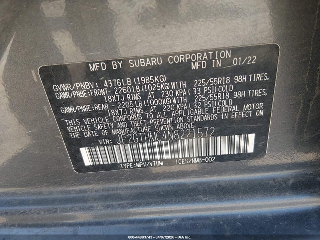 Aukcja sprzedaży 2022 Subaru Crosstrek Limited, vin: JF2GTHMC4N8221572, numer aukcji: 44803743