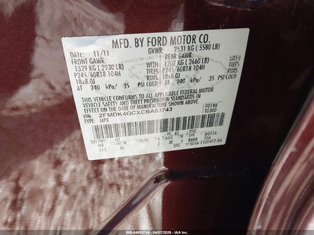 44803746 :رقم المزاد ، 2FMDK4GCXCBA53743 vin ، 2012 Ford Edge Se مزاد بيع